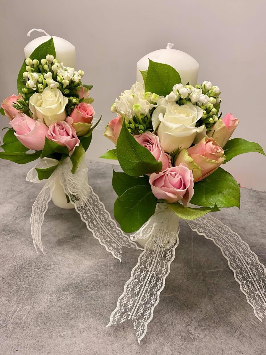 Lumânare nuntă decorată cu trandafiri roz — e-flower